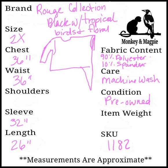 Rouge Collection Womens 2X Black Colorful Tropical Floral Bird Print Mismatched - Picture 9 of 9